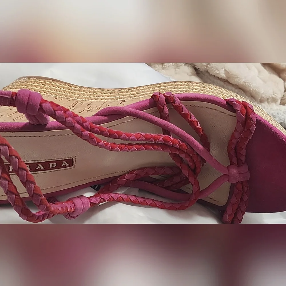 PRADA - Wedge sandals, pink, ankle strap, 4.25" heel, size 8 - Picture 9 of 16